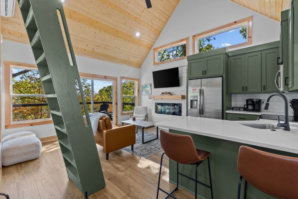 Fully stocked kitchen with forest views